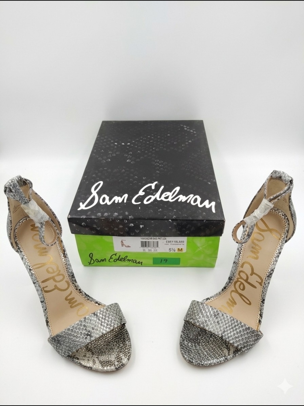 Sam‎ Edelman Yaro Silver Snake-Print Ankle Strap Heels 5.5m